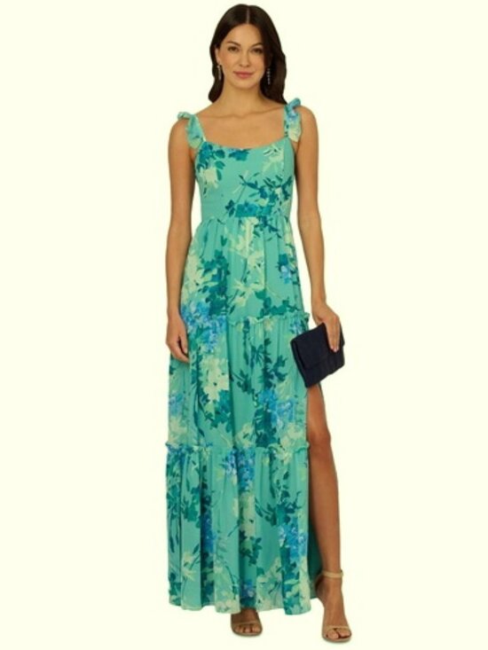 Adrianna Papell Dresses & Skirts - Adrianna Papell Green Blue Ruffle-Tiered Chiffon Gown